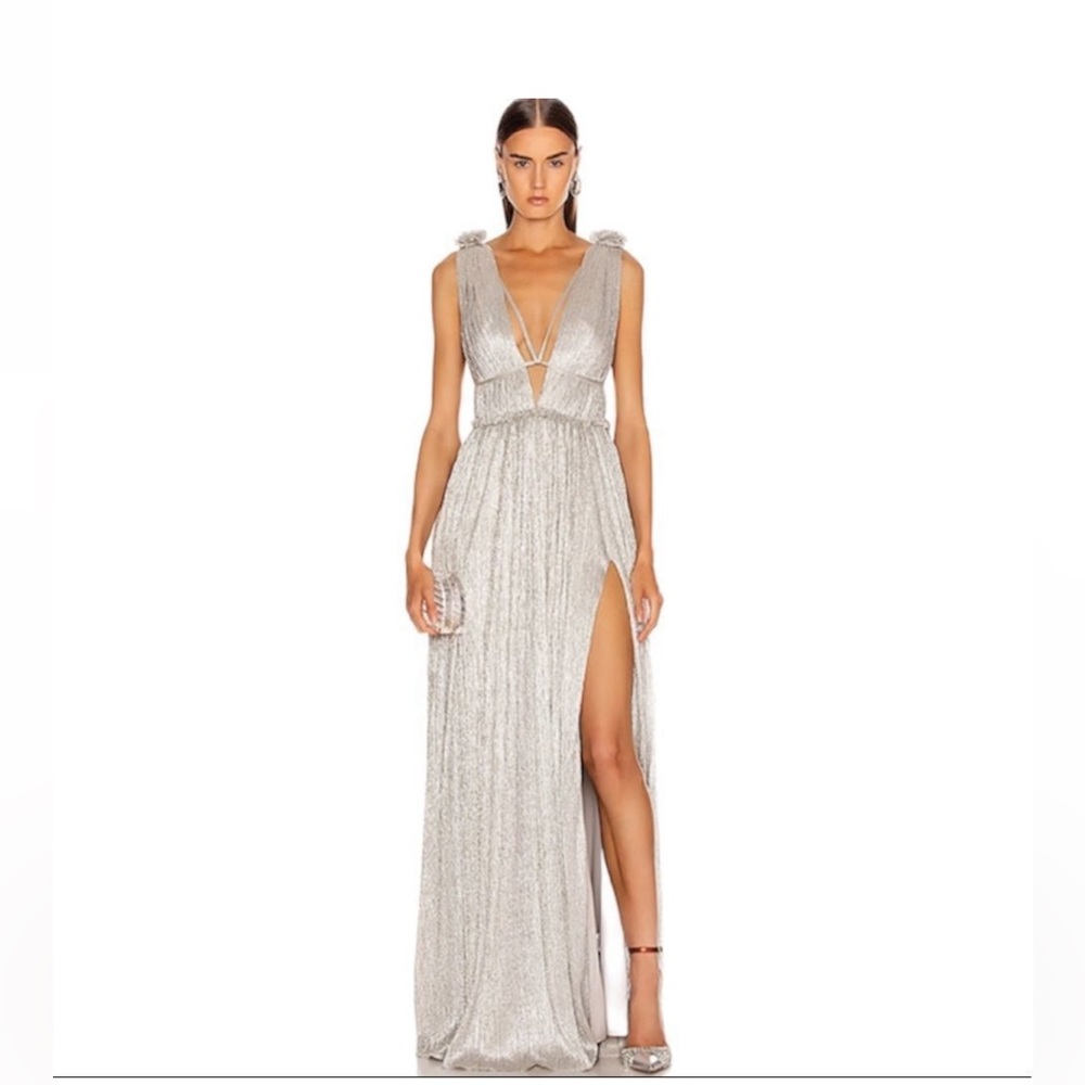 Jonathan Simkhai Plisse Metallic
Plunging Maxi Dress In Silver
